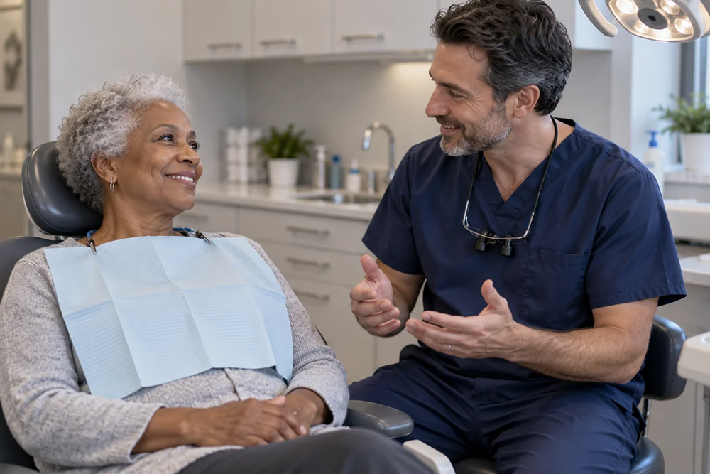 Older woman smiles at a dentist beside her chair in a compact dental treatment room.