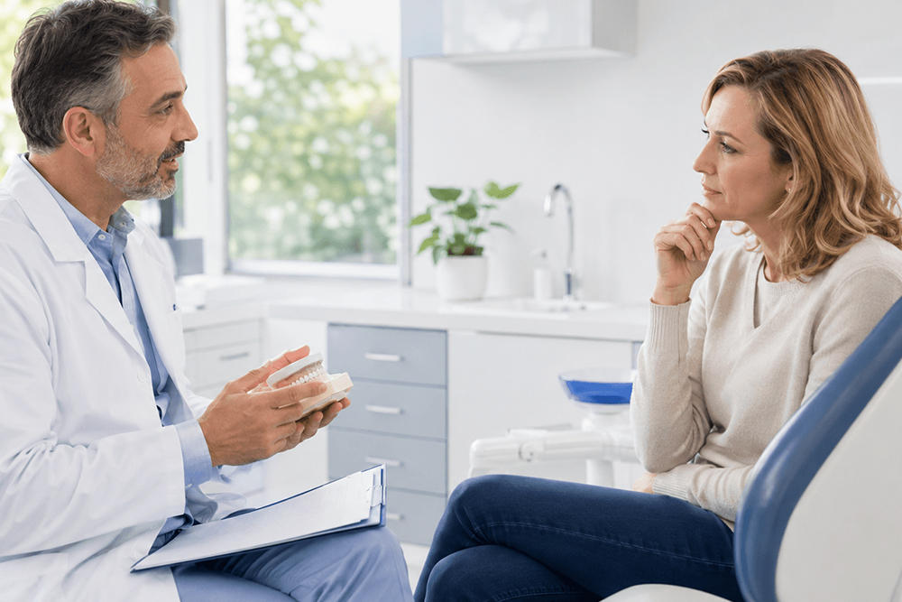 Dentist discussing dental implant options with a patient.
