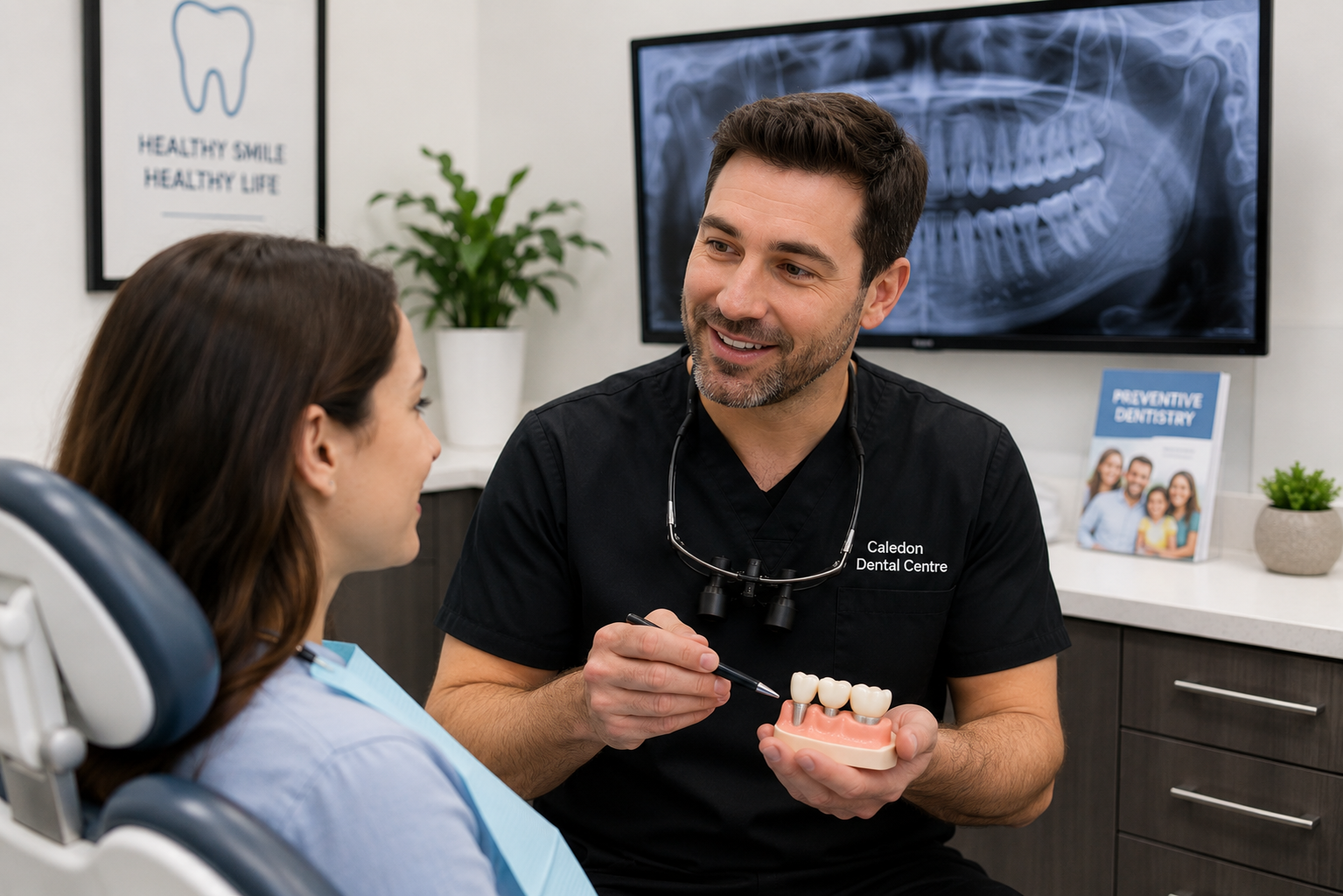 Dentist discussing general dental care and preventive treatment with a patient in Caledon.
